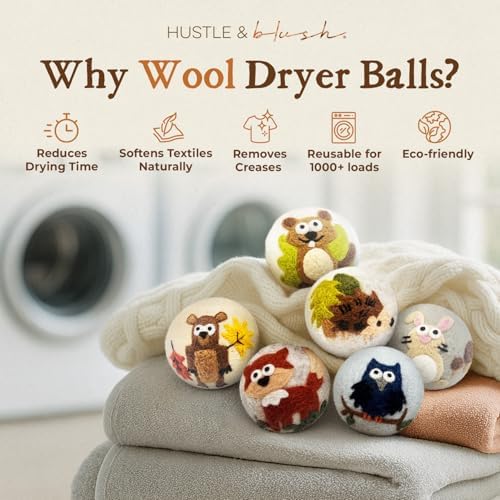 Hustle & Blush Fluff Ewes Wool Dryer Balls 6 Pack - Extra Large Hedgehog and Homies Premium Hand Needled New Zealand Laundry Set, Reduces Drying Time, Static Control, Chemical Free Reusable