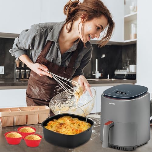 8inch Air Fryer Cake Pan, Non-stick Air Fryer Cake Barrel Square Deep Baking Pan Pizza Baking Pan for Instant Pot Cake Tray Basket Kitchen Accessorie Set (with 6 muffin cups)
