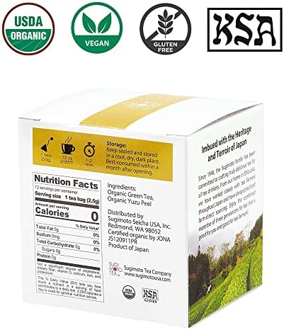 SUGIMOTO TEA Japanese Organic Yuzu Kukicha with Matcha Green Tea Bags 12 Count