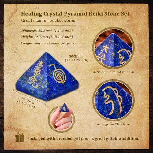 mookaitedecor Lapis Lazuli Crystal Pyramid Stone with Engraved Chakra Symbol, Healing Crystals Energy Generator for Reiki Meditation Divination Decoration