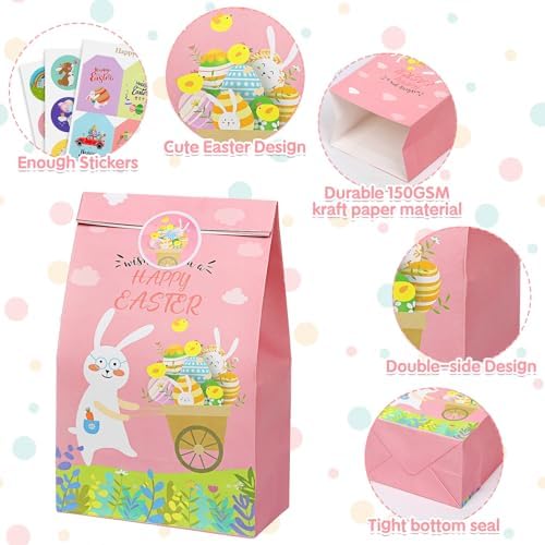 Sublaga 28PCS Easter Treat Bags, Easter Goodie Bags for Kids, Paper Bag Bulk for Candy, Gift, Party Favors, Eggs/Chicks/Bunny Printing with 30PCS Stickers and 30PCS Cotton Ropes