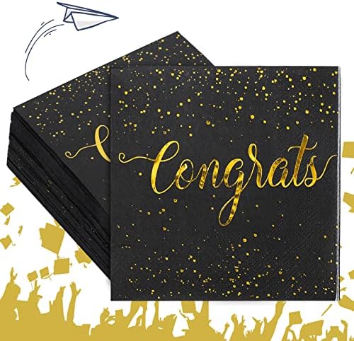 Whaline 80Pcs Congratulation Paper Napkin Gold Foil Congrats Dinner Napkin Black Graduation Party Disposable Lunch Napkins for Engagement Baby Shower Celebration Party