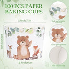 Potchen 100 Pcs Woodland Cupcake Liners Baby Shower Decorations Paper Forest Animal Baking Cups Decorative Jungle Cupcake Wrappers Holders for Birthday Baby Shower Party Supplies