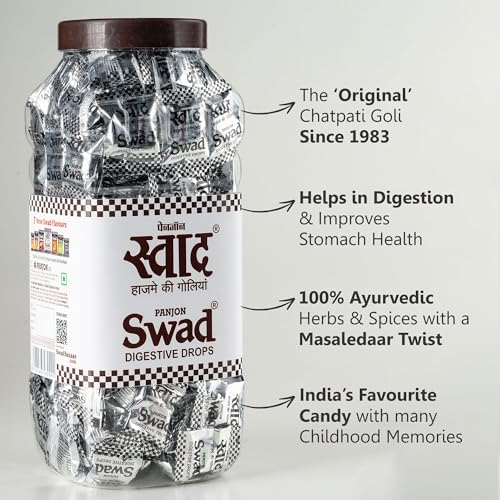 Swad Digestive Chocolate Candy Jar - 200 Candies | Infused with Ayurvedic Herbs & Spices | Helps Digestion & Improves Stomach Health | Khatta Meetha Taste | Tasty & Healthy Toffee Treat