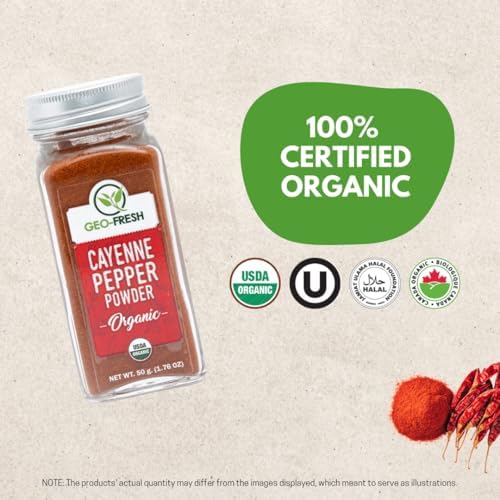 Geo-Fresh Organic Cayenne Pepper Powder, 1.76 oz (50g) – Spicy & Aromatic Cayenne Chili Powder Organic – Pure Ground Red Pepper Powder – USDA Certified Organic – Non-GMO – Kosher – Gluten-Free – Product of India