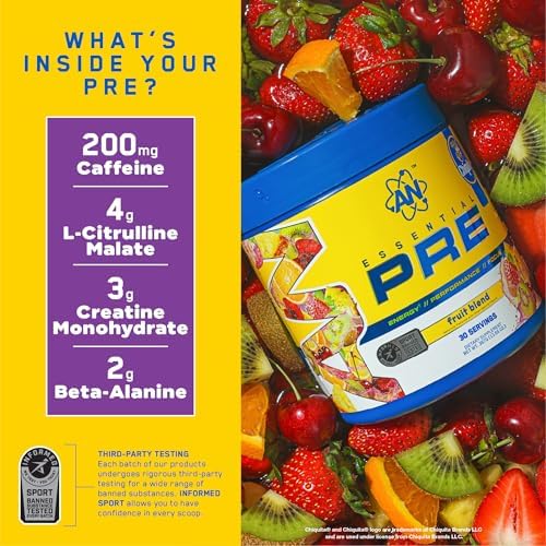 AN Essentials Pre-Workout Powder Supplement for Men & Women | Energy Drink Mix with 200mg Caffeine, Beta Alanine, Citrulline, & Creatine | Fruit Blend | 30 Servings