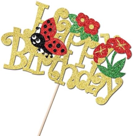 Glitter Ladybug Happy Birthday Cake Topper,Ladybug Themed Birthday Party Supplies，Garden Bugs Party Decoration,Ladybird Birthday Cake Decor For Baby Shower