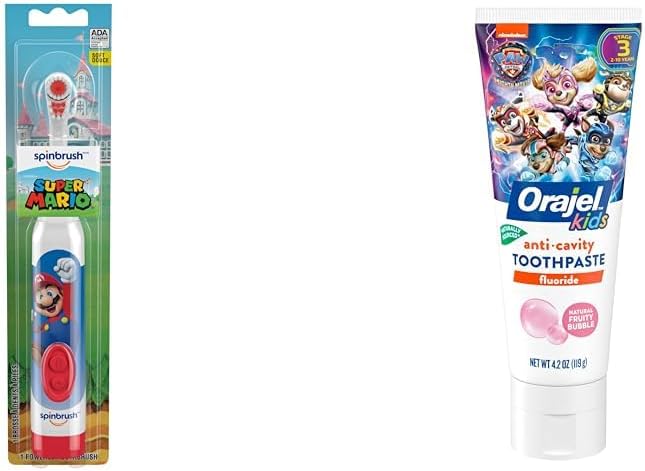 Spinbrush Super Mario Kid's Electric Battery Toothbrush, Soft, 1 ct & Orajel Kids Paw Patrol Anti-Cavity Fluoride Toothpaste, Natural Fruity Bubble Flavor, 4.2oz Tube