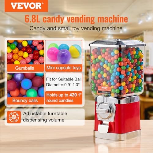 VEVOR Gumball Machine for Kids, 17"H Home Candy Vending Machine, PC Gumball Dispenser, Bubble Gum Machine for Game Stores, Coin Operated Gumball Bank for Toy Capsules Bouncy Balls Candy, Red