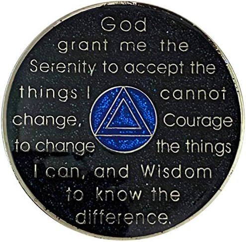 (Years 1-50) 1 Year AA Recovery Silver Color Plated Glitter Medallion, Black Rainbow, Blue, Silver Glitter Coin, Epoxy Covered (AA 1 year Glitter Medallion)