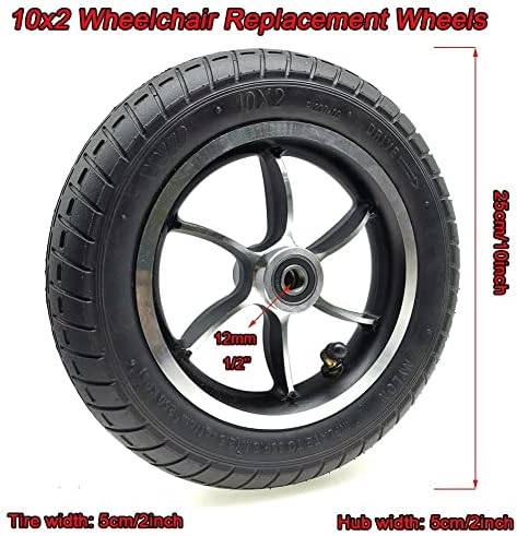 10x2, Electric Wheelchair Replacement Wheels Accessories, 10inch Wheelchair Front Wheels Casters Spare Wheels, Pneumatic Tire, Aluminum Alloy Hub with 12mm Bearing, Black, 1 Pair