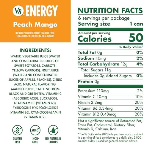V8 Energy Peach Mango Energy Drink, 8 fl oz Can (24 Pack)