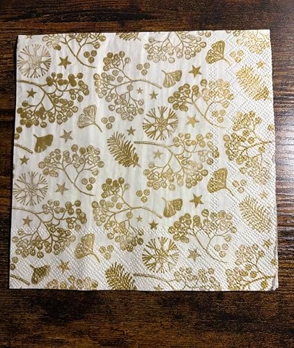IHR Ideal Home Range Cocktail Napkins Disposable 3-Ply Paper Party Napkin Pack, 5" x 5", Bright Winter Branches (Cream & Gold), 20-Count