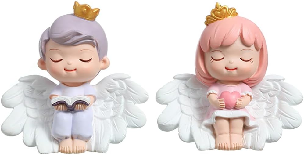 1 Pair Angel Cake Topper Figurines Angel Prince Princess Sculpture Cake Decoration Christmas Desktop Ornaments Home Table Centerpieces Baby Shower Birthday Party Supplies