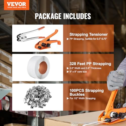 VEVOR PP Banding Strapping Kit with Strapping Tensioner Tool, Banding Sealer Tool, 328 ft Length, 100 Metal Seals, Pallet Packaging Strapping Banding Kit, Banding Packaging Strapping for Packing