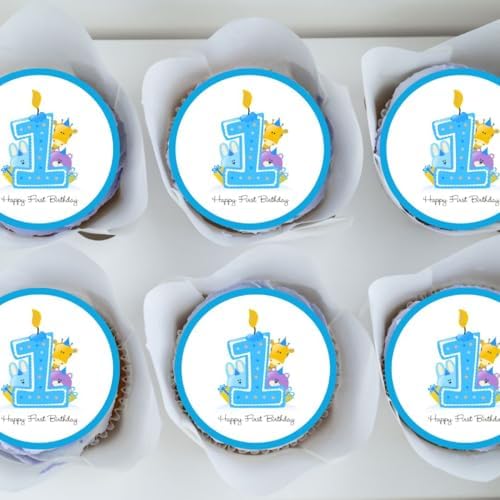 1st Birthday Boy Edible Cupcake Toppers, Blue 1 Cake Decorations, Baby Boy Cupcake Decorations, First Birthday Cake Toppers for Parties 24 x 1.5 Inch / 4cm Discs UNCUT