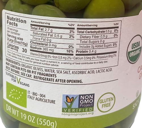 Organic Olives |ASARO Organic Castelvetrano Green Pitted Olive Is GMO FREE, GLUTEN FREE, VEGETARIAN, VEGAN & Keto Friendly Olives Good for Healthy Snacks On the Go, Salad and Cocktails Bundled with BETRULIGHT Fridge Decal - 19 OZ Glass Jar ( Pack of 2 )