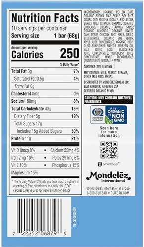CLIF BAR - Energy Protein Bars - Blueberry Almond Crisp - Made with Organic Oats - Energy Bars - Non-GMO - (10 Pack)