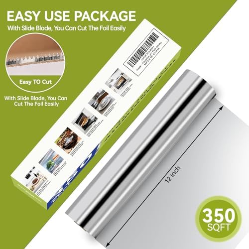 Aluminum Foil Roll, 12in x 350ft Aluminum Foil, Thick Strong Tin Foil with Cutter, Food Safe Cling Wrap for Cooking, Baking, Roasting, Grilling, Freezer Storage