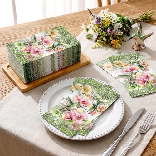 Jetec 200 Count Hummingbird Disposable Napkins Hummingbird Flower Guest Paper Hand Towels for Bathroom Kitchen Decorative Holiday Spring Party Dinner Lunch Supplies