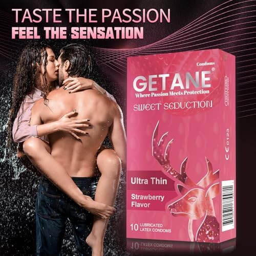 Strawberry Flavored Lubricated Condoms, Comfortable and Intensified Lubricant Condoms for Men, Premium Natural Latex, 10 Count Pack