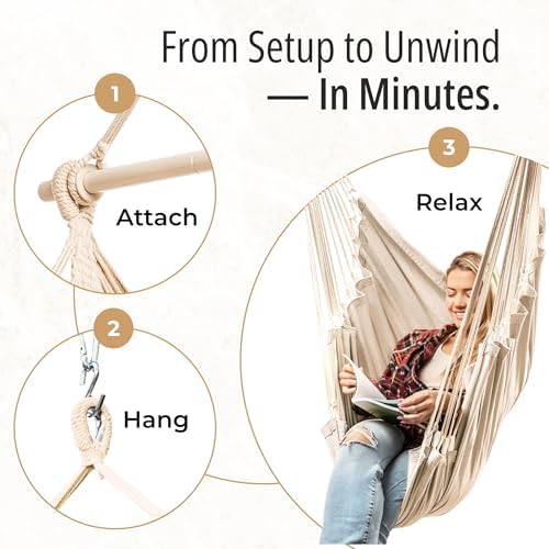 Indoor Hanging Chair for Bedroom, Patio, Porch or Room - Hammock Swing Chair - Outdoor & Indoor Swing for Adults - Quick & Easy Setup with Hardware Kit – Spacious Full Body Support – Holds 440 Lbs