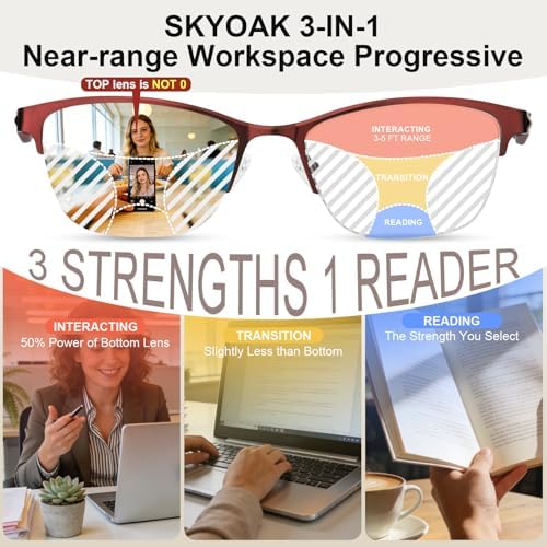 SKYOAK 2 Pack Stylish Progressive Reading Glasses for Women, Metal Half Frame Fashion Anti UV400/Eye Strain Computer Readers, Cat Eye Modern Design Ladies No-Line Multifocal Eyeglasses, +2.5
