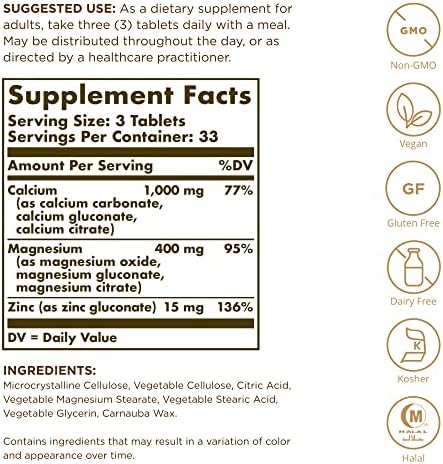 Solgar Calcium Magnesium Plus Zinc - 250 Tablets, Pack of 3 - Promotes Healthy Bones, Supports Nerve & Muscle Function - Non-GMO, Vegan, Gluten Free - 250 Total Servings