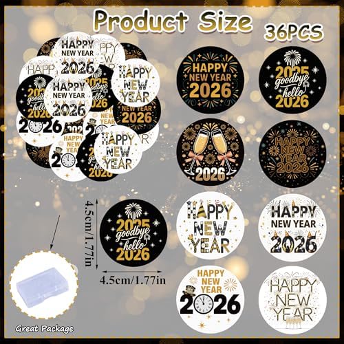 36PCS Edible 2026 Happy New Year Cupcake Toppers Wafer Paper Hello 2026 Cupcake Picks Black Gold 2026 Cake Toppers for Holiday New Year Theme Party Decor Supplies (Pattern 3)