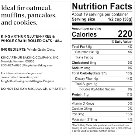 King Arthur Baking Company Gluten-Free & Whole Grain Rolled Oats 2lbs.