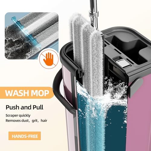 Flat Mop and Bucket for Home with Extra Refills, Stainless Steel Mop and Bucket with Wringer, Hands-Free Mop, Wet and Dry Use Mop with Long Handle (Purple)