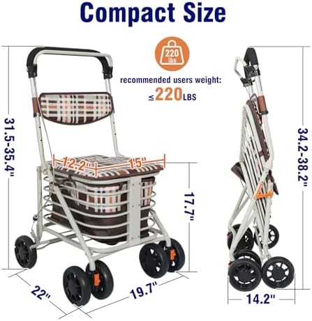 Walkers for Seniors with Seat, 180 lbs Capacity, Foldable & Lightweight, Adjustable Height, Rolling Walker with Brakes and Comfortable Chair for Mobility and Rest (22x19.7x35.4in)