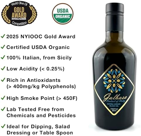 Galbasa - Organic Olive Oil from Sicily, Italy - Extra Virgin, First Cold Pressed, Early Harvest - Polyphenol Rich, Peppery Finish, No Pesticides - 16.9 fl oz