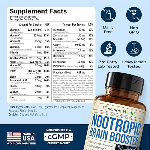 Nootropics Brain Support Supplement - Nootropic Brain Booster for Improved Focus, Concentration & Memory. Brain Nootropic for Brain Health, Mood & Energy Support. Non-GMO. Made in the USA. 60 Capsules