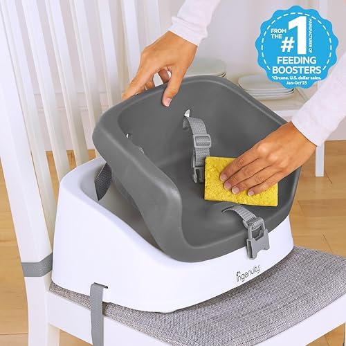 Ingenuity SmartClean Toddler Booster Seat for Kitchen Chair – Lightweight for on-the-go, Easy-Clean, 3-Point Harness Strap – Booster Seat for Dining Table, Slate