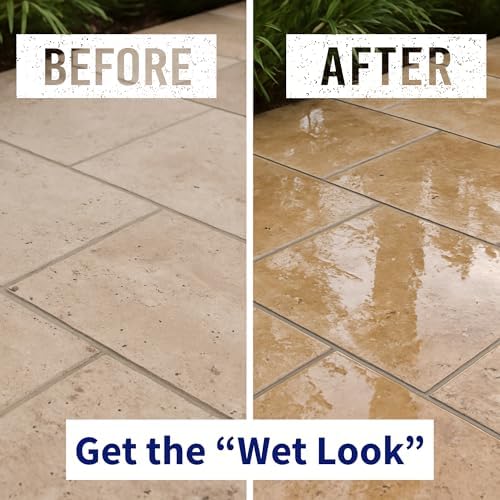 Wet Look Natural Stone Sealer. Durable, Long-Lasting Gloss Protection. Interior and Exterior Pavers, Slate, Sandstone, Travertine, Flagstone, Driveways, Garage Floors, etc. Black Diamond Stoneworks
