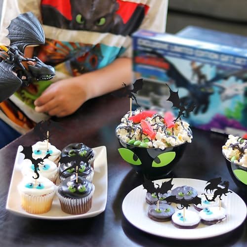 Arthsdite 24 Pcs Dragon Cupcake Toppers Cake Picks Cool Dinosaur Cupcake Topper for Dragon Themed Party Kids Birthday Party Christmas Fantasy Themed Party Decoration Baby Shower - Black Glitter