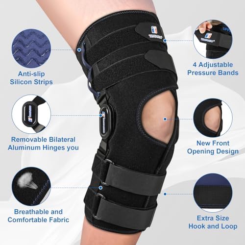 Knee Brace for Men and Women, 16inch Hinged Knee Brace with Side Stabilizers Adjustable Knee Braces for Knee Pain Front Opening Knee Support for Meniscus Tear, ACL, Arthritis and Surgery Recovery