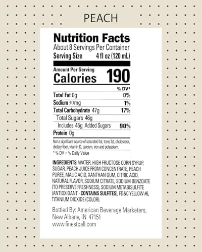 Finest Call Premium Peach Fruit Puree Drink Mix, 1 Liter Bottle (33.8 Fl Oz), Pack of 6