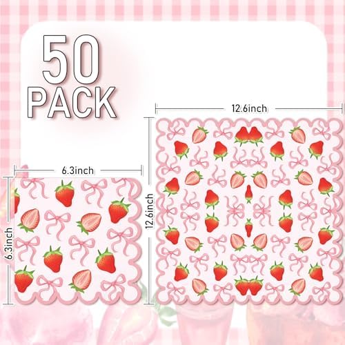JarThenaAMCS 50Pcs Strawberry Paper Napkins Summer Fruit Disposable Napkins Pink Bow Scalloped Edge Paper Luncheon Dinner Napkins for Baby Shower Berry First Birthday Party Decor