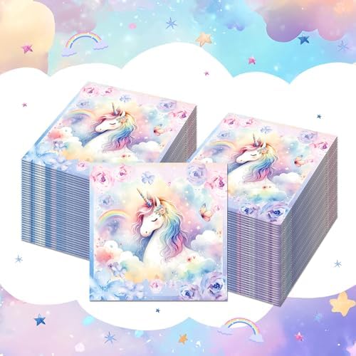 Unicorn Party Napkins, 40PCS Rainbow Balloon Napkins Disposable, Unicorns Partys Supplies Birthday Decorations, Fancy Unicorns Party Dinner Paper Napkins for Girl Boy Theme Partys, Birthday, 6.5"