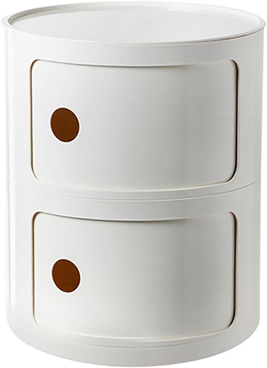 Round Nightstand With Drawers, Small Bedside Table With Storage, Cabinet With Sliding Door, Modern End Side Table, Plastic Chest for Living Room Bedroom Bathroom