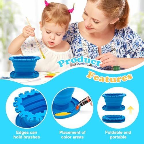 Foldable Silicone Paint Brush Cleaner Cup with Holder, Collapsible Basin for Acrylic, Watercolor & Oil Painting, Portable Artist Travel Supplies, Multi-Size Brush Drying Rack & Mixing Palette