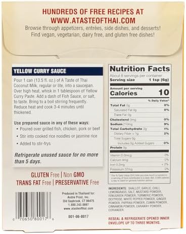 A Taste of Thai Yellow Curry Paste – Authentic & Natural Ready-to-Use Thai Curry Paste - Vegan, Gluten‑Free & Non‑GMO - Golden, Aromatic Flavor for Curries, Stir‑Fries & Soups - 1.75 oz (Pack of 6)