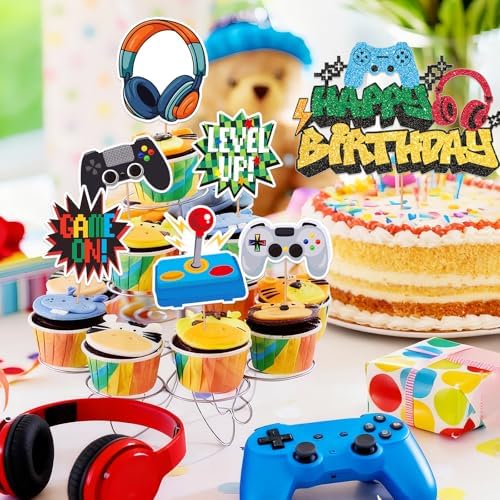 49 PCS Video Game Cupcake Toppers Birthday, Glitter Video Game Theme Cake Topper, Decorations Cake Decor Party Supplies for Games Fans Kids and Men Birthday Sign Decor