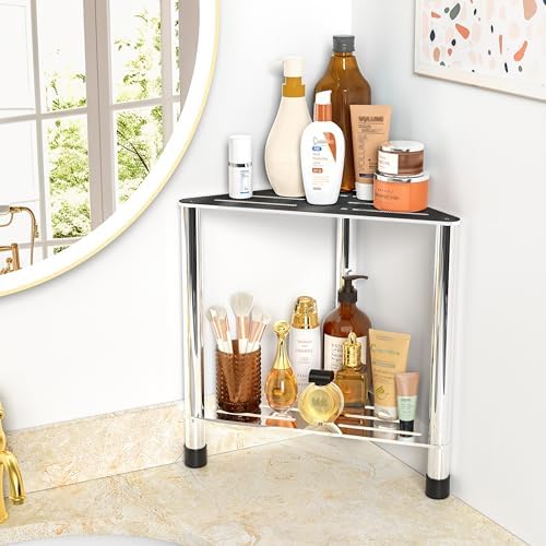 Upgrade Stainless Steel Shower Stool for Inside Shower, 15.4'' H Shower Foot Rest, Corner Shower Stool with Storage Shelf, Shower Step for Shaving Legs, Bathroom Corner Shower Bench, Silver