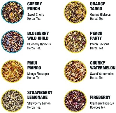 Tiesta Tea - Fruity Tea Sampler Dry Flight Set, Loose Leaf, No Caffeine, Makes Hot and Iced, Assorted Fruit Brews with Mango, Peach, Orange Drinks & More, 8 Resealable Sample Pouches