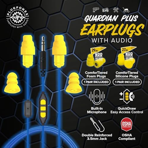 Plugfones Guardian Plus in-Ear Earplug Earbud Hybrid - Noise Reduction in-Ear Headphones with Noise Isolating Mic and Controls (Yellow & Blue)