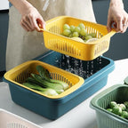 OUNONA Double Layer Vegetable and Fruit Draining Basket, Plastic Kitchen Food Storage Container with Drain Holes, Yellow Blue Multifunctional Sink Organizer for Washing and Preserving