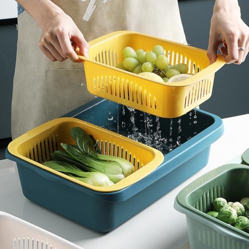 OUNONA Double Layer Vegetable and Fruit Draining Basket, Plastic Kitchen Food Storage Container with Drain Holes, Yellow Blue Multifunctional Sink Organizer for Washing and Preserving